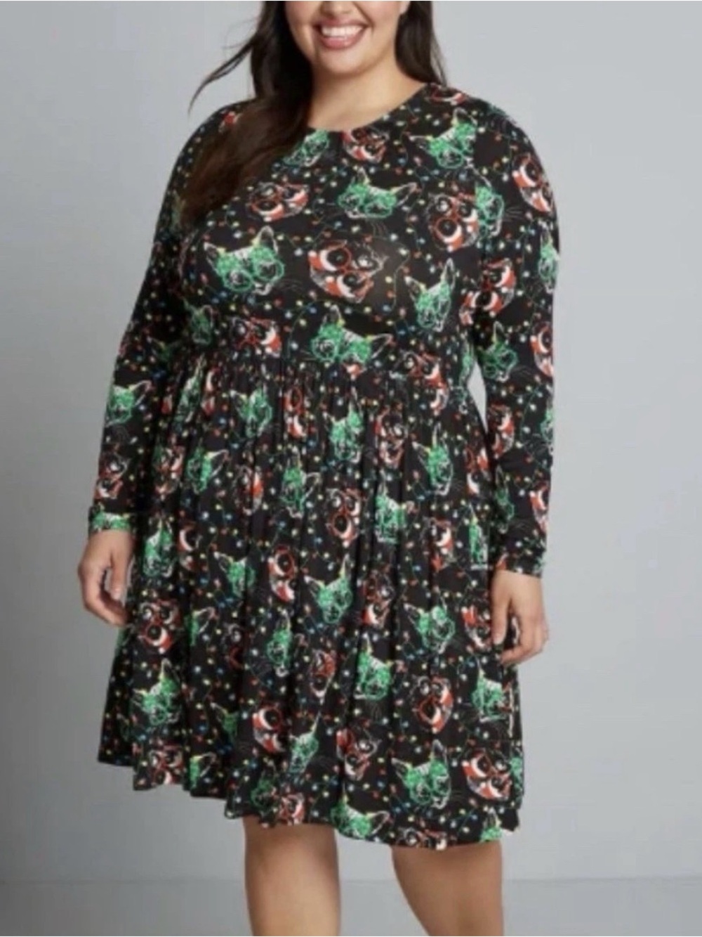 ModCloth Black Red Green Christmas Cat Dress Holiday 1X XL